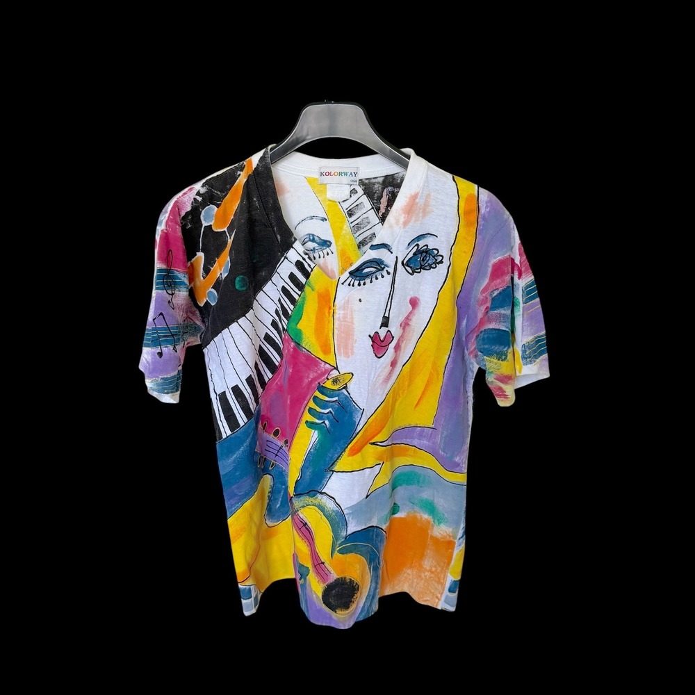 Kolorway‎ USA Abstract Art Music Piano Guitar AOP T-Shirt Sz M Multi Color